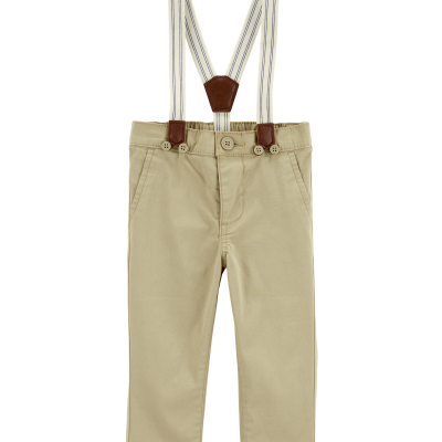 Baby Boy Twill Suspender Pants - Khaki