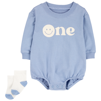 Baby Boy 2-Piece Birthday Bubble & Socks Set - Blue/White