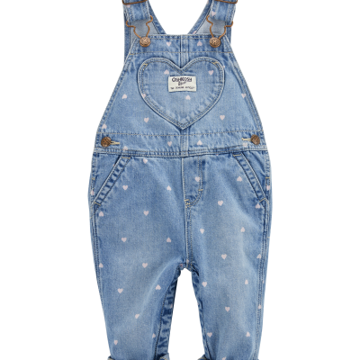 Baby Heart-Print Knit Denim Overalls - Blue