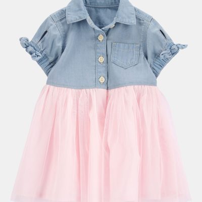 Baby Denim Shirt Dress With Tulle Skirt