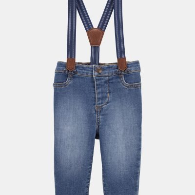 Baby Knit-Denim Suspender Pants - Blue