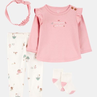 Baby 4-Piece Farm Print Outfit Set - White/Pink