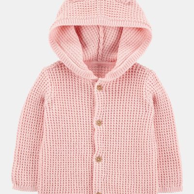 Baby Hooded Waffle Knit Cardigan - Pink