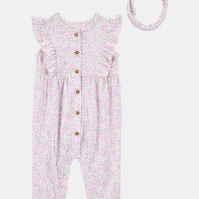 Baby 2-Piece Floral Jumpsuit & Headwrap - Purple