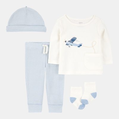 Baby 4-Piece Airplane Print Outfit Set - Blue