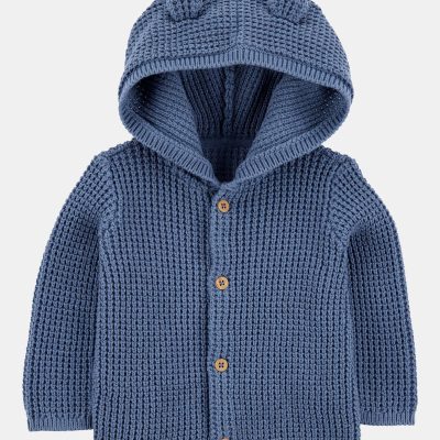 Baby Hooded Waffle Knit Cardigan - Navy Blue