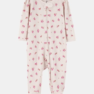 Baby Girl Floral 2-Way Zip Waffle Knit Sleep & Play Pajamas - Khaki