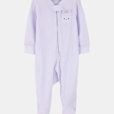 Baby Girl Bunny 2-Way Zip Ribbed Sleep & Play Pajamas - Purple