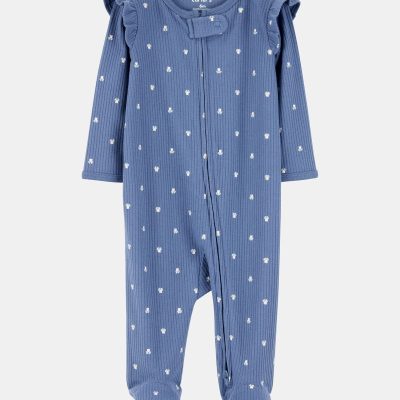 Baby Girl Mini Floral 2-Way Zip Ribbed Sleep & Play Pajamas - Blue