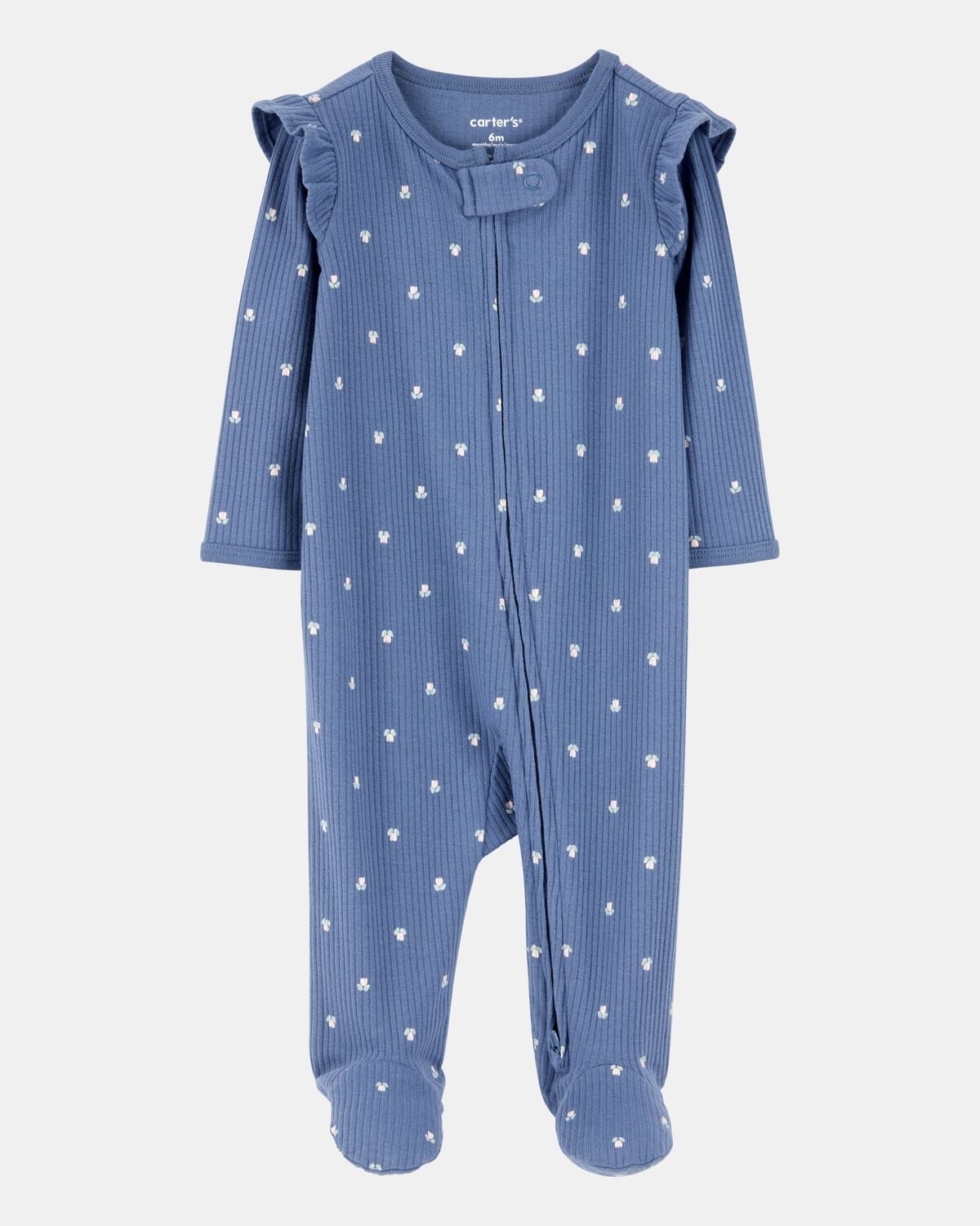 Baby Girl Mini Floral 2-Way Zip Ribbed Sleep & Play Pajamas - Blue