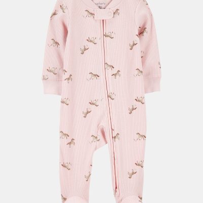 Baby Girl Horse Print 2-Way Zip Ribbed Sleep & Play Pajamas - Pink