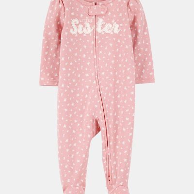 Baby Girl 'Little Sister' 2-Way Zip Cotton Sleep & Play Pajamas - Pink