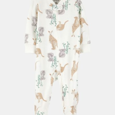 Baby Girl Kangaroo 2-Way Zip Cotton Sleep & Play Pajamas - Ivory
