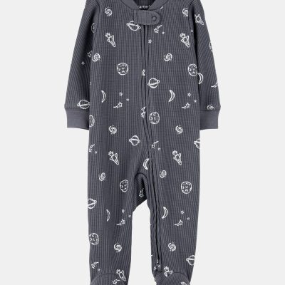 Baby Boy Space Print 2-Way Zip Waffle Knit Sleep & Play Pajamas - Grey