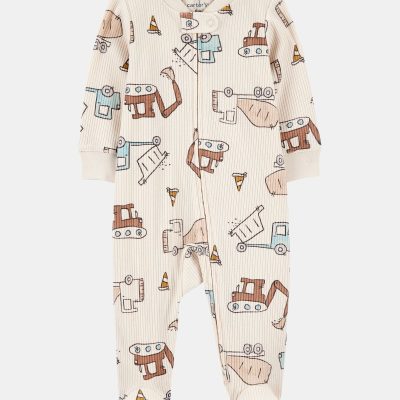 Baby Boy Construction 2-Way Zip Ribbed Sleep & Play Pajamas - Cream
