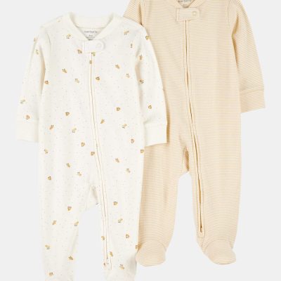 Baby 2-Pack 2-Way Zip Cotton Sleep & Play Pajamas - White/Beige