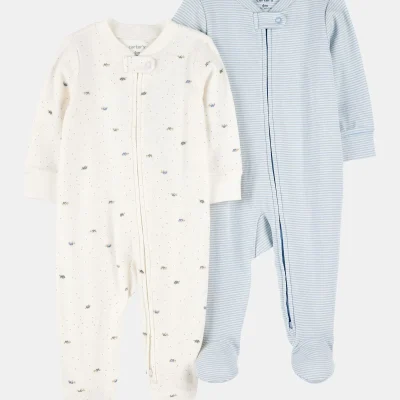 Baby Boy 2-Pack 2-Way Zip Cotton Sleep & Play Pajamas - Blue/White