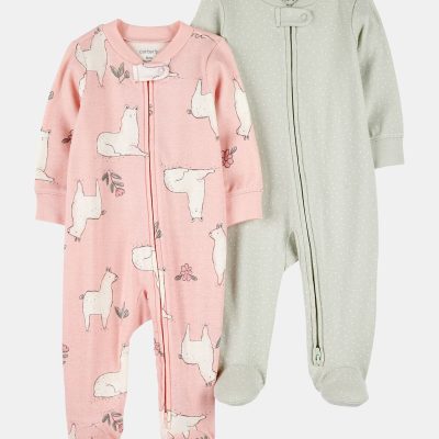 Baby Girl 2-Pack 2-Way Zip Cotton Sleep & Play Pajamas - Pink/Green