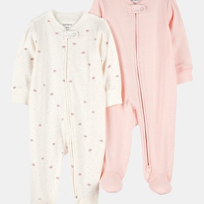 Baby Girl 2-Pack 2-Way Zip Cotton Sleep & Play Pajamas - White/Pink