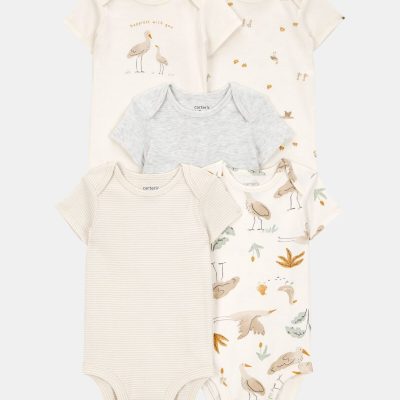 Baby 5-Pack Striped Birds Short-Sleeve Cotton Bodysuits - Ivory