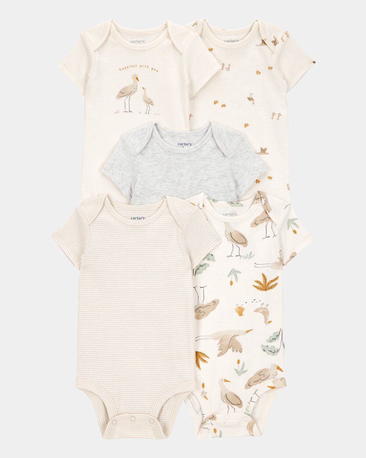 Baby 5-Pack Striped Birds Short-Sleeve Cotton Bodysuits - Ivory