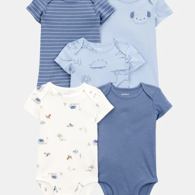 Baby Boy 5-Pack Dog Short-Sleeve Cotton Bodysuits - Blue