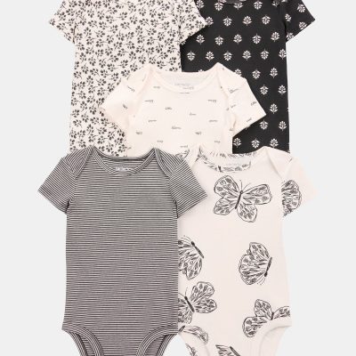 Baby Girl 5-Pack Striped Butterfly Short-Sleeve Cotton Bodysuits - Black/White