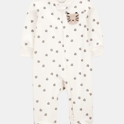 Baby Tiger Print 2-Way Zip Cotton Sleep & Play Pajamas - Ivory