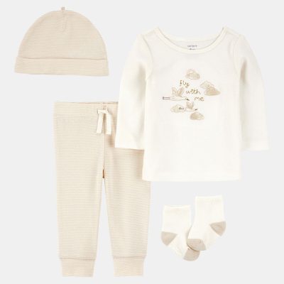 Baby 4-Piece Cloud Print Outfit Set - White/Tan