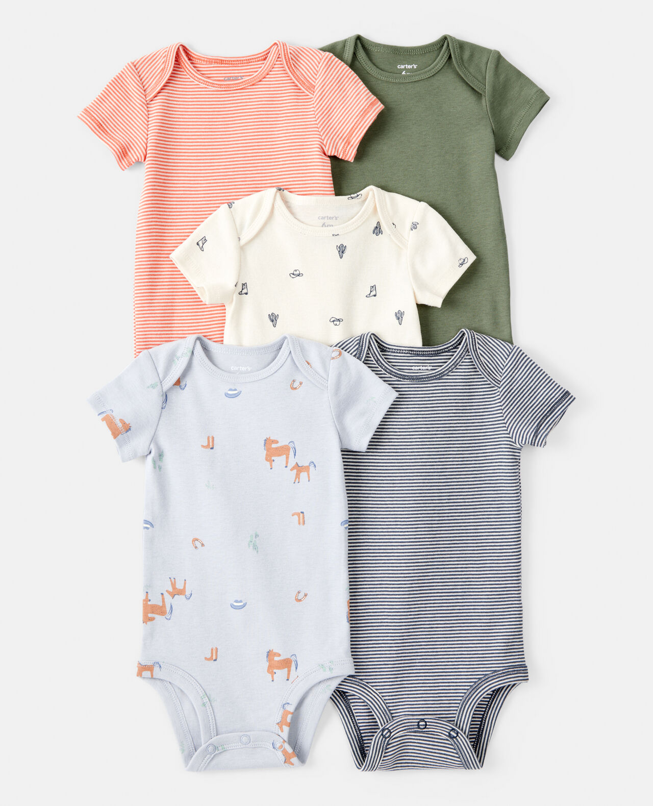 Baby Boy 5-Pack Cowboy Print Cotton Multipack Bodysuits - Blue/White/Orange/Green - Image 7