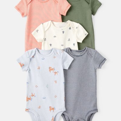 Baby Boy 5-Pack Cowboy Print Cotton Multipack Bodysuits - Blue/White/Orange/Green