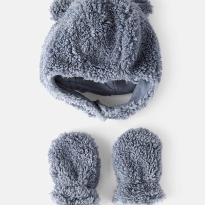 Baby Boy Sherpa Winter Hat & Mittens Set - Blue