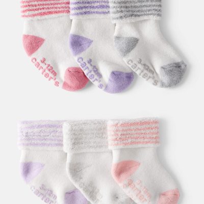 Baby Girl 6-Pack Striped Ankle Socks - White