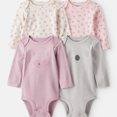 Baby Girl 4-Pack Koala Print Cotton Long-Sleeve Multipack Bodysuits - Multi