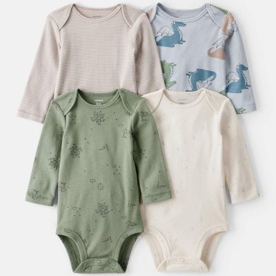Baby Boy 4-Pack Dragon Star Print Cotton Long-Sleeve Multipack Bodysuits - Blue/White/Green