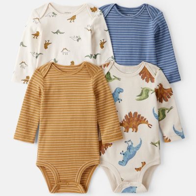 Baby Boy 4-Pack Dinosaur Print Cotton Long-Sleeve Multipack Bodysuits