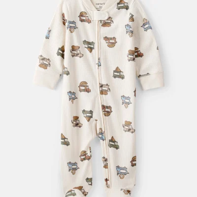Baby Boy Truck Print Cotton Long-Sleeve Sleep & Play Pajamas - Ivory