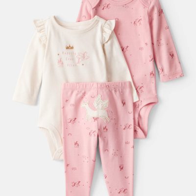 Baby Girl 3-Piece Unicorn Star Print Cotton Long-Sleeve Bodysuit & Pant Set - Pink/White