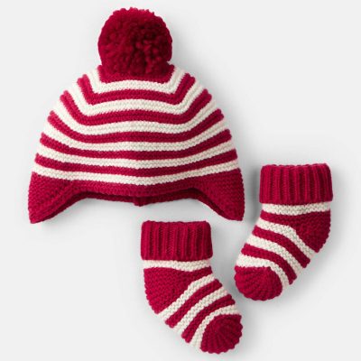 Baby Striped Crochet Pom Winter Hat & Socks Set - Red/White