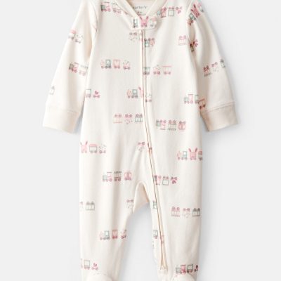 Baby Girl Train Print 100% Cotton Long-Sleeve Snug Fit Sleep & Play Pajamas - Cream
