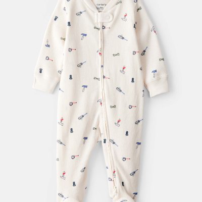 Baby Boy Construction Print Cotton Long-Sleeve Snug Fit Sleep & Play Pajamas - White