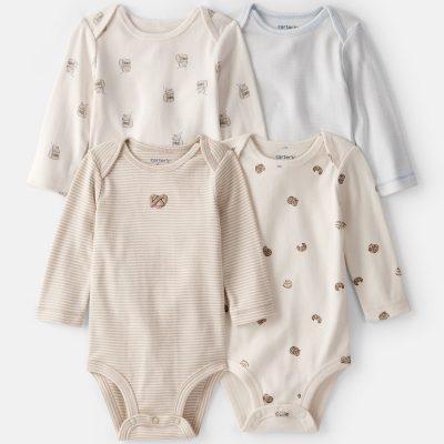 Baby 4-Pack Snack Time Long-Sleeve Multipack Bodysuits - Blue/White/Brown