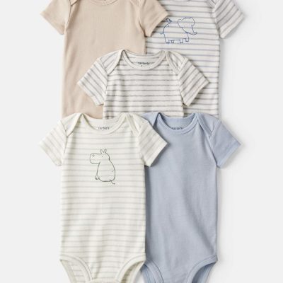 Baby Boy 5-Pack Hippo Multipack Bodysuits - Brown/Blue/White
