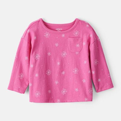 Baby Girl Snowflake Print Long-Sleeve Pocket Tee - Pink