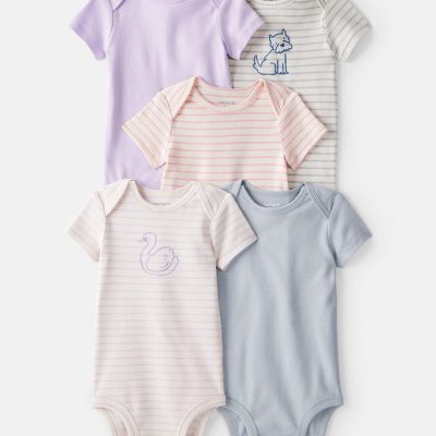 Baby Girl 5-Pack Swan Multipack Bodysuits - Purple/Blue