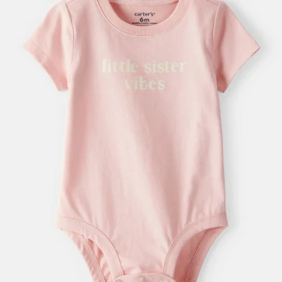 Baby Girl 'Little Sister Vibes' Short-Sleeve Graphic Bodysuit - Pink