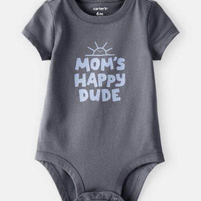 Baby Boy 'Mom's Happy Dude' Short-Sleeve Graphic Bodysuit - Grey