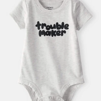 Baby Boy 'Trouble Maker' Short-Sleeve Graphic Bodysuit - Grey