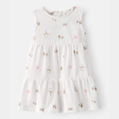 Baby Girl Gardening Print Sleeveless Dress - White