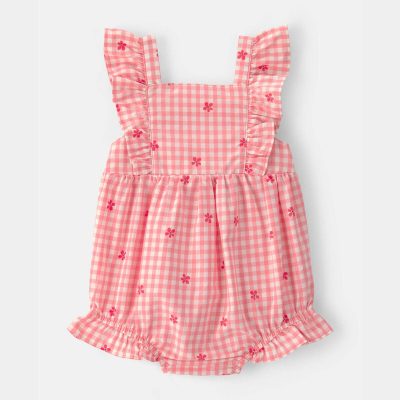 Baby Girl Gingham Flower Romper - Pink